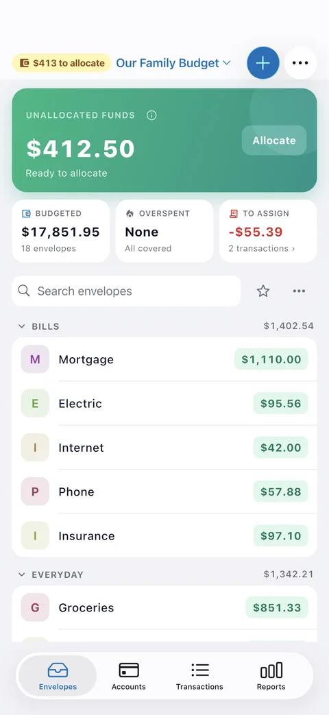 EnvelopeBudget for Android showing envelope balances and $412.50 ready to allocate