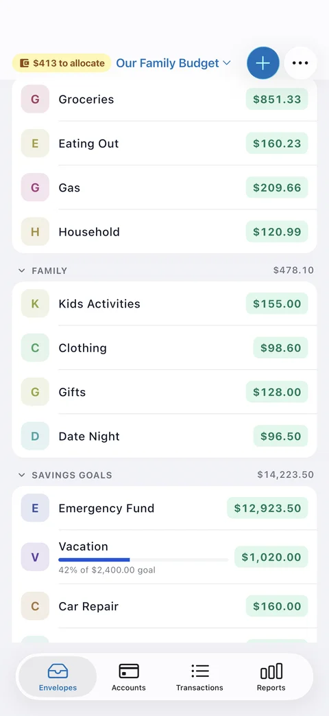 Envelope list with bills, everyday spending, and savings goals in the EnvelopeBudget mobile app