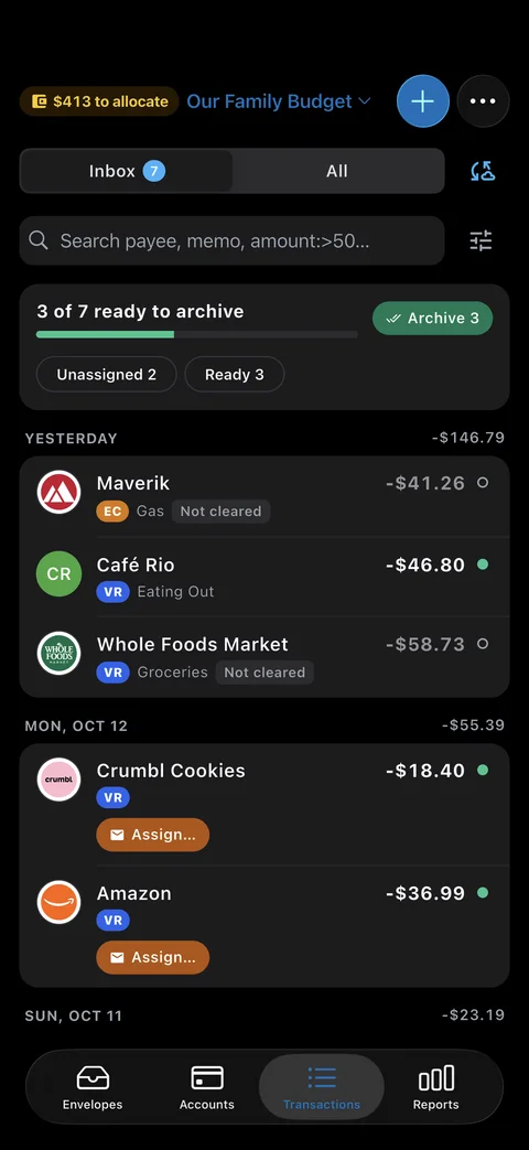 Transaction inbox with new purchases ready to review in the EnvelopeBudget mobile app