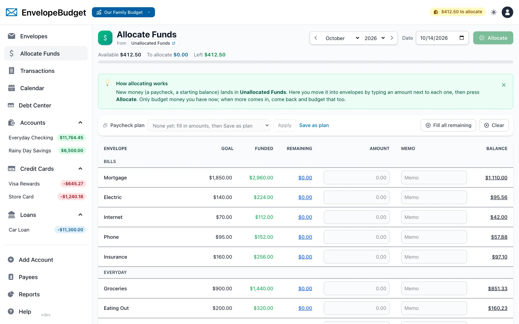 EnvelopeBudget Allocate Funds screen assigning a paycheck across envelopes with a live to-allocate total