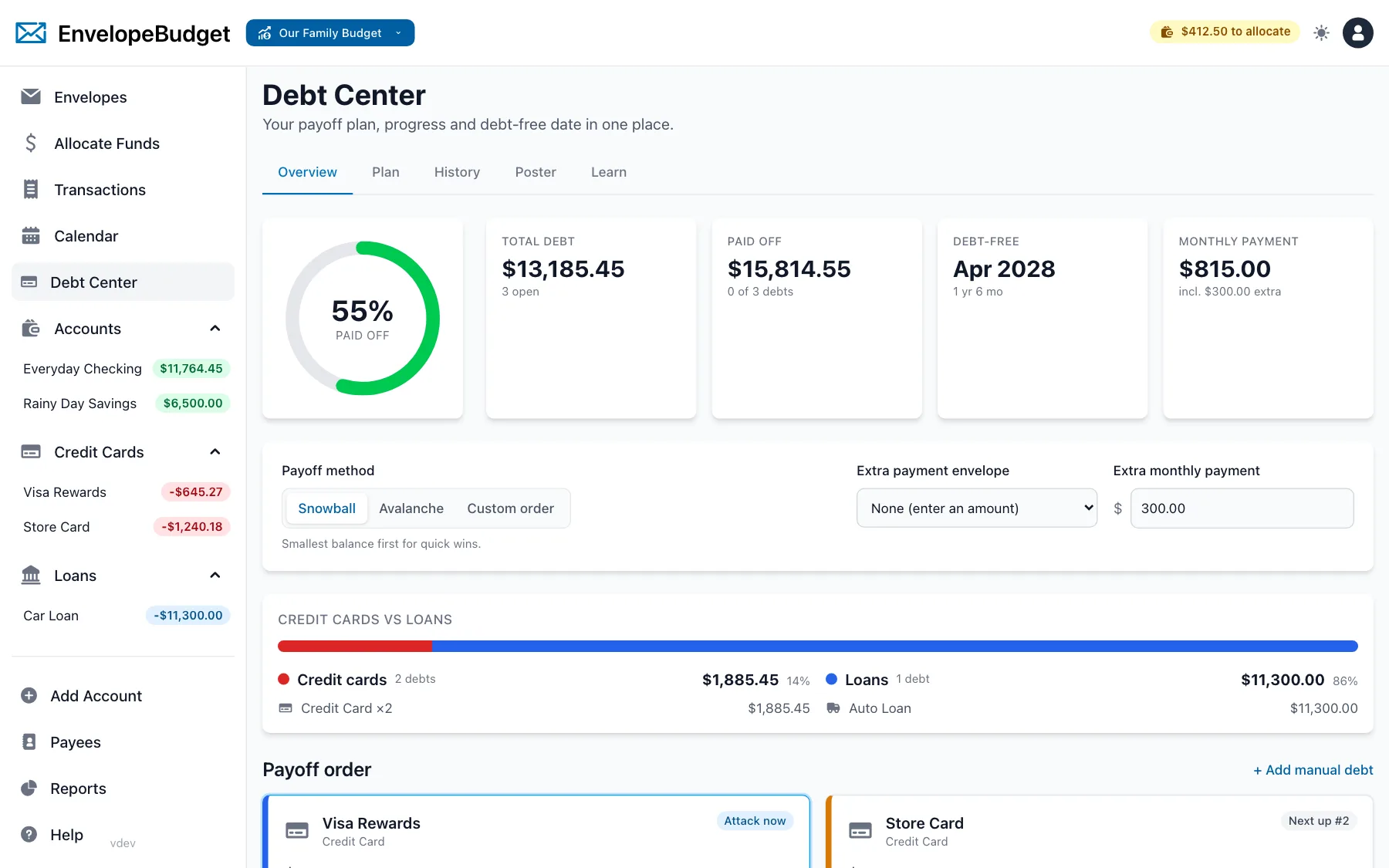 EnvelopeBudget Debt Center showing percent paid off, a debt-free date, and debts in payoff order