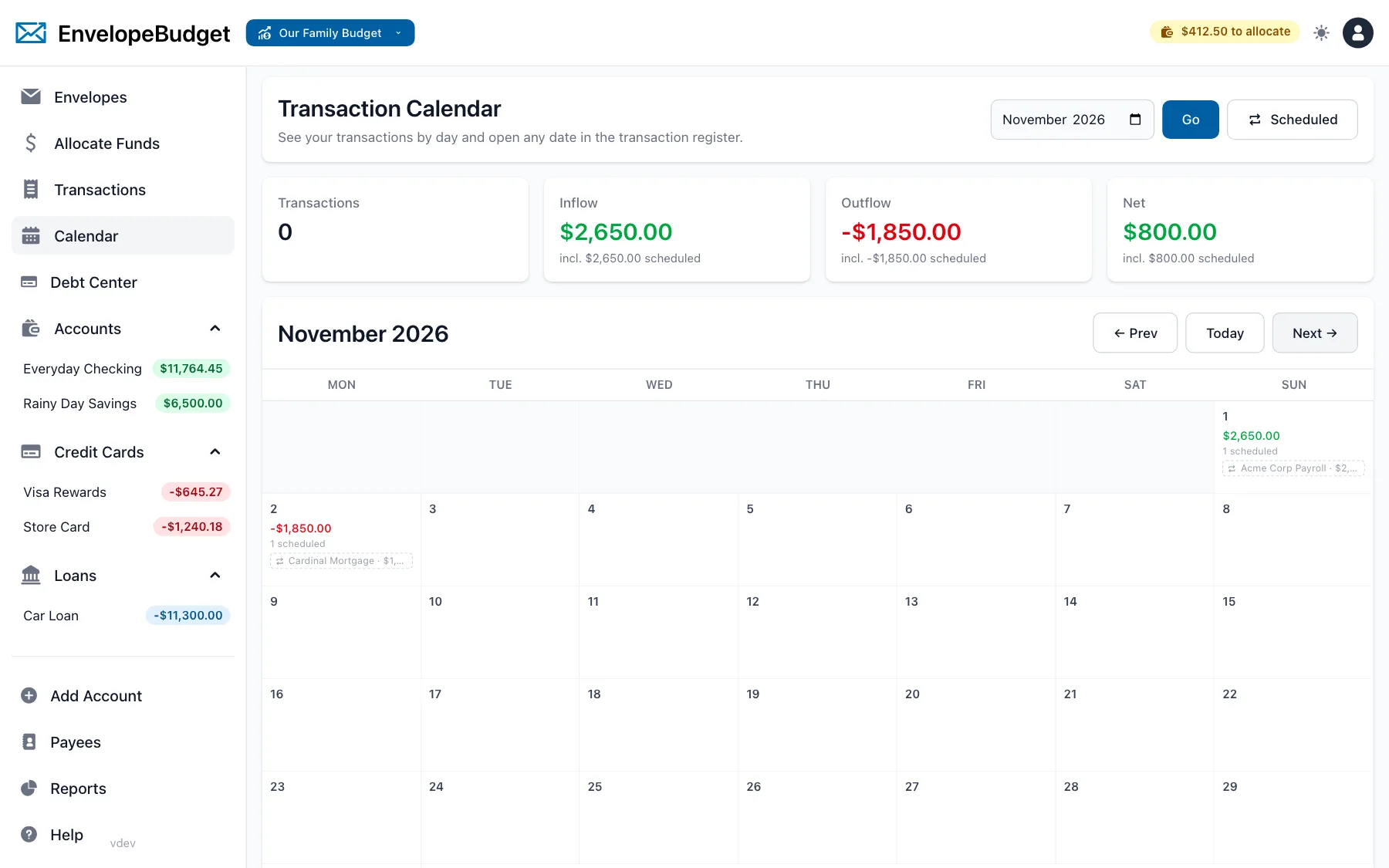 EnvelopeBudget transaction calendar with upcoming repeating transactions