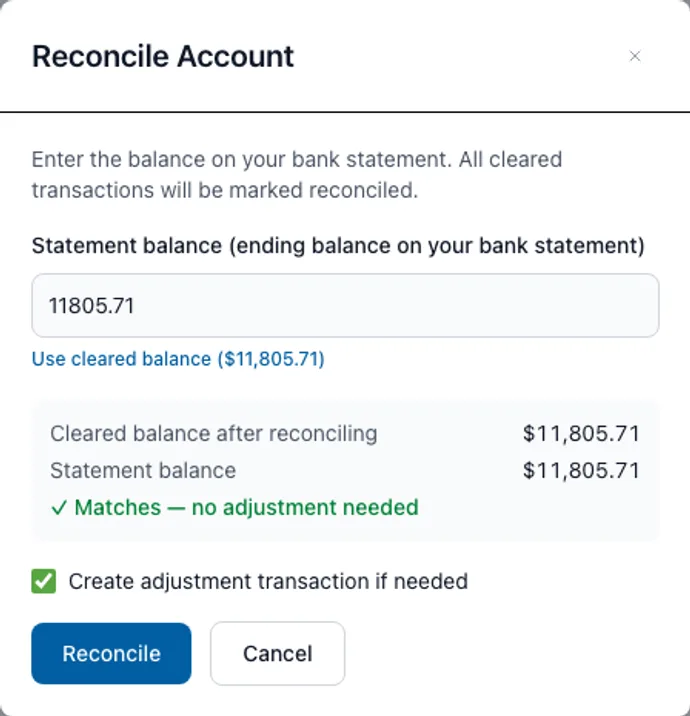 EnvelopeBudget reconcile dialog showing the statement balance matches the cleared balance